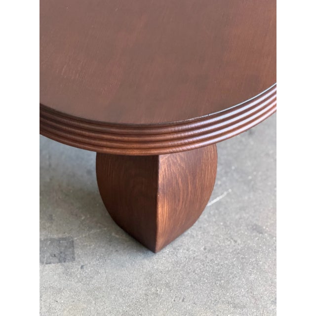 W52 D24 H14.25 Item has been fully restored. Stained with a dark walnut finish. Smaller in size perfect for curved sofas....