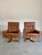 Vintage 1970’s Caramel Leather and Beech Wood Swivel Lounge Chair Pair. Cowboy/Baseball glove leather stitching details...