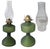 A striking vintage kerosene oil lamp featuring a rich forest-green textured pebble-glass base, clear hurricane chimney,...