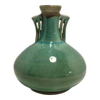 Vintage Blasdell '90 Studio Art Pottery Art Deco Style Green Glaze Vase, Signed For Sale