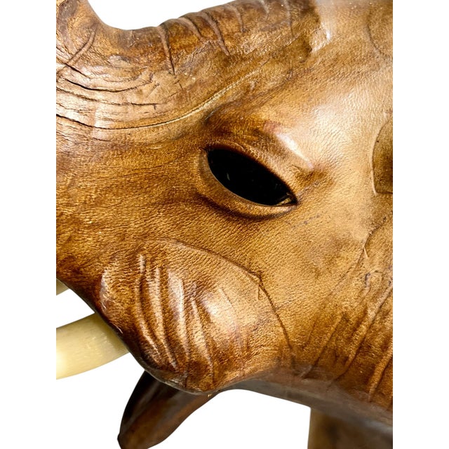 Vintage Moroccan Leather Elephant Sculpture, Handcrafted With Glass Eyes, 26.5” Tall For Sale - Image 10 of 18