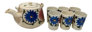 Vintage 1940s Mid-Century Modern Blue and Pink Flower Japanese Teapot Set With Cups - 7 Piece Set