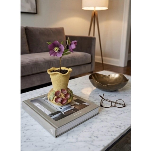 Saffron Vintage Italian Majolica Style Textured Ochre Pottery Vase With 3d Applied Floral Detail For Sale - Image 8 of 12