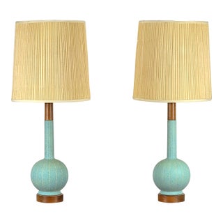 1950s Danish Modern Teal Ceramic & Walnut Lamps - a Pair For Sale