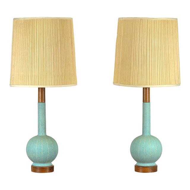 1950s Danish Modern Teal Ceramic & Walnut Lamps - a Pair For Sale