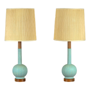1950s Danish Modern Teal Ceramic & Walnut Lamps - a Pair