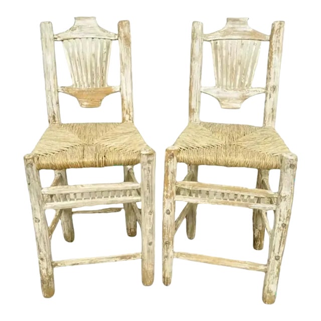 Late 20th Century Hickory Style Rustic Log Cabin Wood Woven Rush Seat Bar Stools Chairs - a Pair For Sale