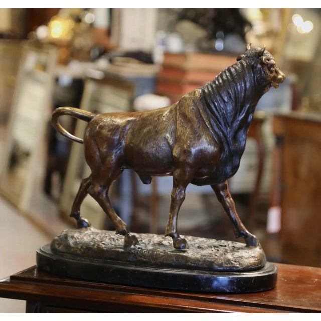 Metal Early 20th Century French Patinated Bronze Bull Sculpture on Black Marble Base For Sale - Image 7 of 9