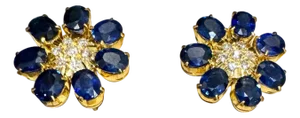 7 Petals Natural Sapphire and Diamonds Flower Post Earrings 18 Karat Yellow Gold
