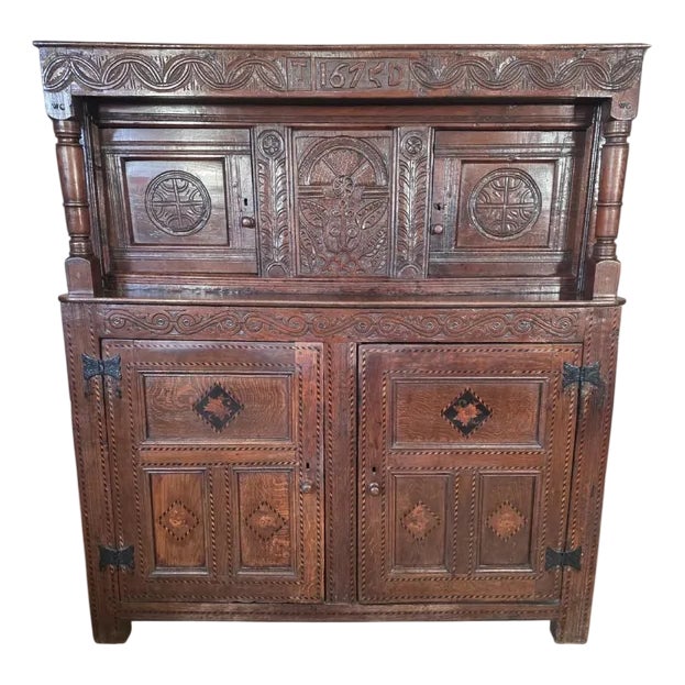 Antique Oak Inlaid Court Cupboard For Sale