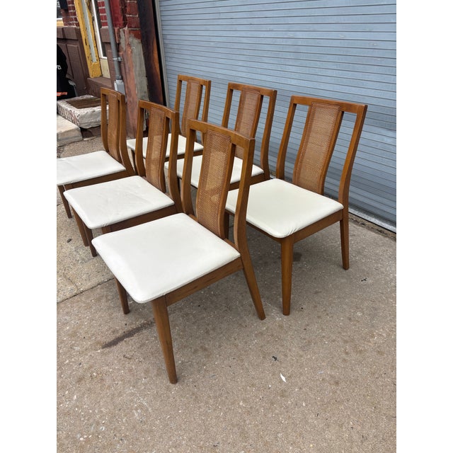 Mid-Century Modern Mid 20th Century Set of 6 Hibriten Walnut and Cane Dining Chairs For Sale - Image 3 of 12