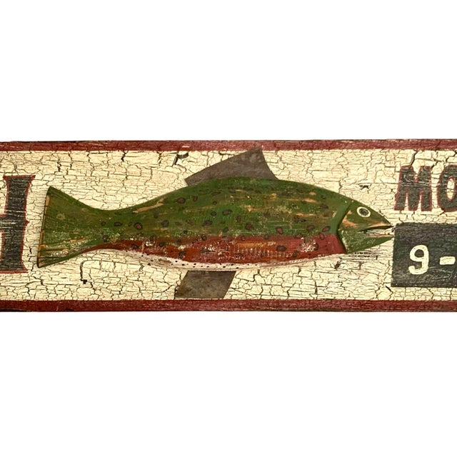 Late 20th Century Late 20th Century Fishing Sign Large Wood With Trout 3d Design Cracked Paint Finish Vintage Cabin Decor For Sale - Image 5 of 8