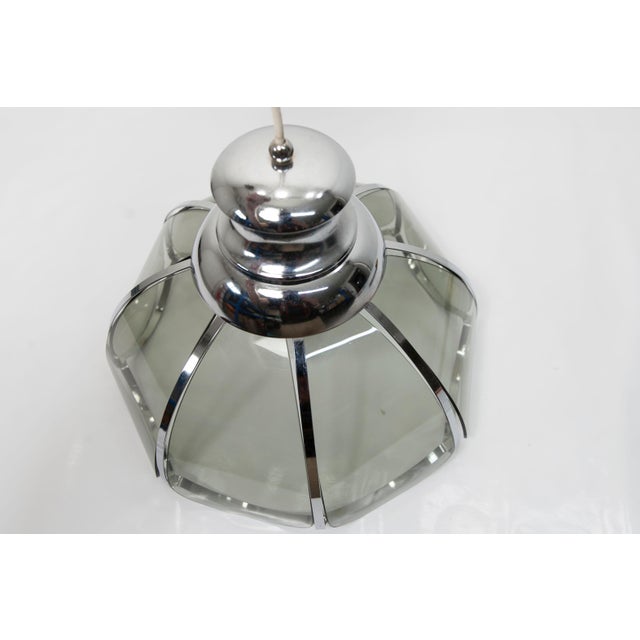 Floral Pendant Lamp in Chromed Metal and Grayed Glass, 1970 For Sale - Image 6 of 14