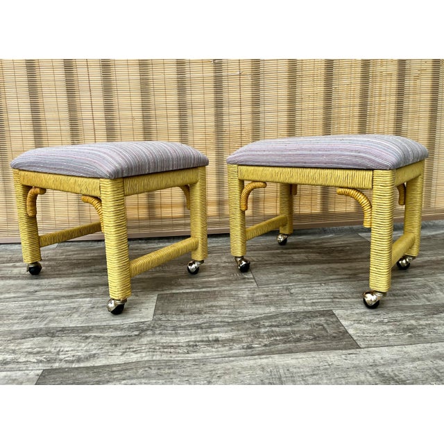 Henry Link A Pair of Coastal Style Rolling Footstools/ Benches on Casters by Henry Link Furniture. Circa 1980s For Sale - Image 4 of 12