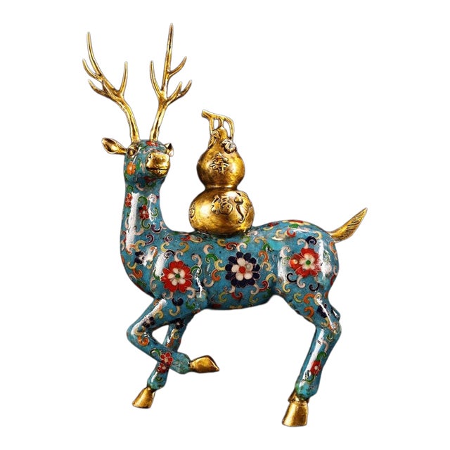 Vintage Cloisonne Enamel Deer With Gourd – 15" Gilt Auspicious Figure For Sale