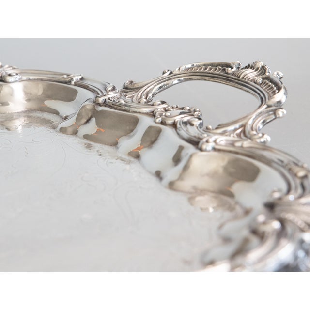 Large Antique English Silver Plate Rectangular Footed Serving Tray With Handles For Sale - Image 10 of 13