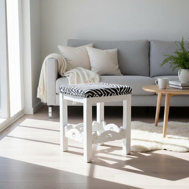 1940s Vintage Portuguese Rustic Wood Stool White with Zebra Fabric Upholstery, 1940s For Sale - Image 5 of 18