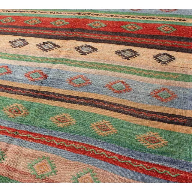 Mid 20th Century Vintage Turkish Kilim Carpet With Colorful Geometric Stripe Design For Sale In Atlanta - Image 6 of 13