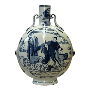 Chinese Blue White Porcelain Round Flat Body People Theme Vase