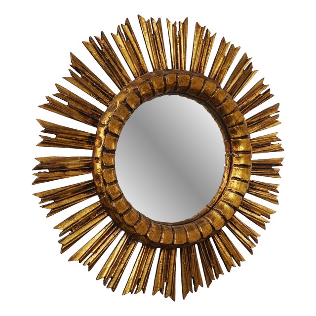 Large Gilded Mid-Century Wooden Sunburst Mirror, 1950s For Sale