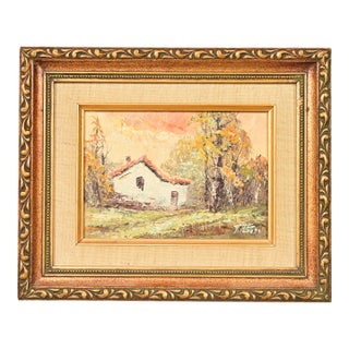 Original Artist Signed Impressionist Rural Landscape Oil on Canvas Painting of Cottage in Carved Giltwood Frame For Sale