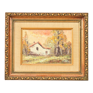 Original Artist Signed Impressionist Rural Landscape Oil on Canvas Painting of Cottage in Carved Giltwood Frame
