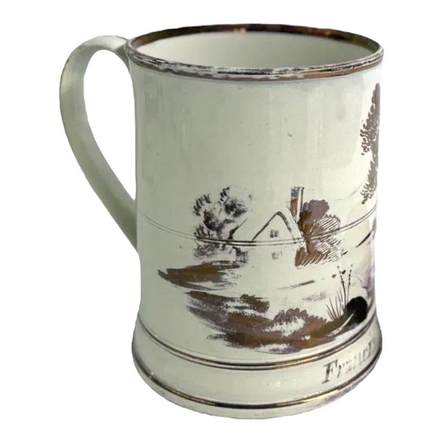 19th Century Sunderland Creamware Mug With Pink Luster Decoration, Inscribed Francis Woof, Senn For Sale