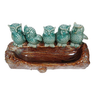 Turquoise Ceramic “Owls on a Log” Planter/Centerpiece – 14.5" Vintage For Sale