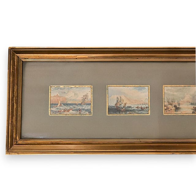 A watercolor painting of English origin, consisting of four small coastal and naval landscapes, framed with a gilt border....
