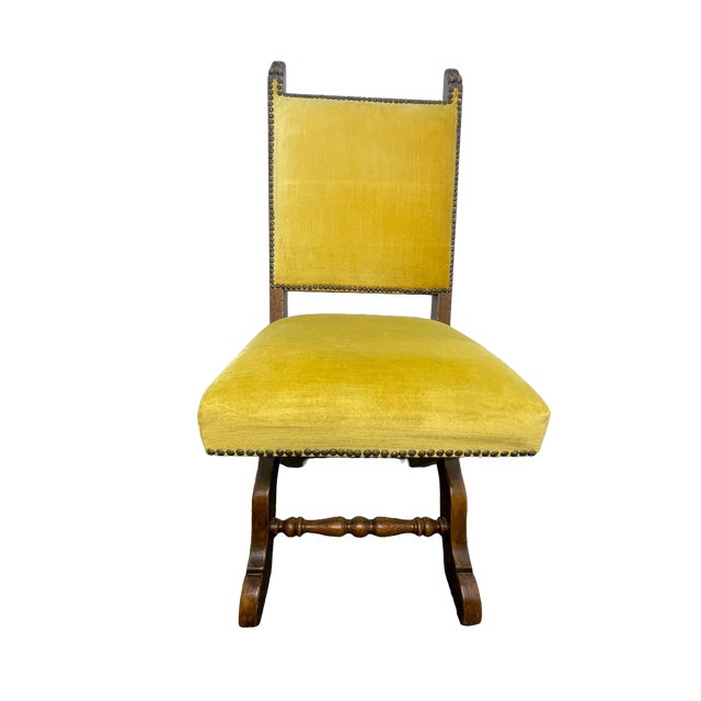 Set of 6 Spanish Revival Mahogany Dining Chairs With Yellow Velvet Upholstery, 1970s For Sale - Image 9 of 17
