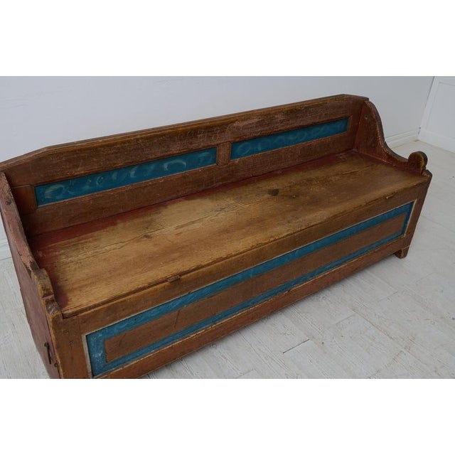 Wood Antique Swedish Folk Art Bench with Storage, 1860s For Sale - Image 7 of 11