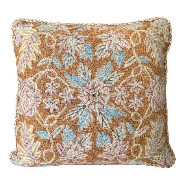 Vintage Crewel Botanical Toss Pillow For Sale