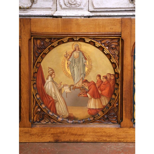 19th Century French Gothic Hand Painted Walnut Altar Panel With Marian Imagery For Sale - Image 4 of 11