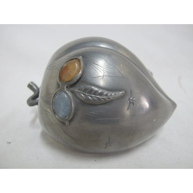 Early 20th Century Antique Chinese Inlaid Gemstone Pewter Fruit Peach Form Altar or Trinket Box For Sale - Image 5 of 9