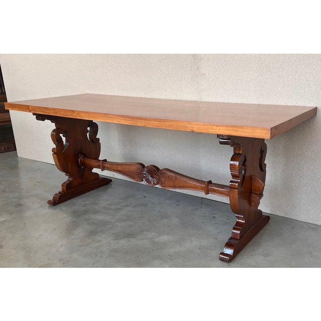 20th Century Spanish Baroque Carved Walnut Lyre Legs Trestle Dining Farm Table For Sale In Miami - Image 6 of 11