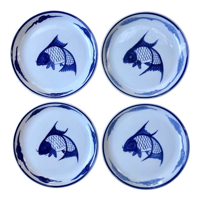 Mid 20th Century Japanese Hand Painted Koi Fish Ceramic Plates in Blue