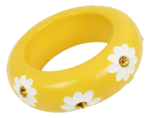 Massive Yellow Resin Bracelet Bangle with Carved Daisy Flowers