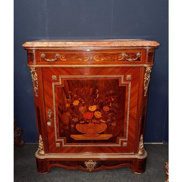 Napoleon III Style Side Table in Floral Marquetry with Marble Top For Sale - Image 5 of 6