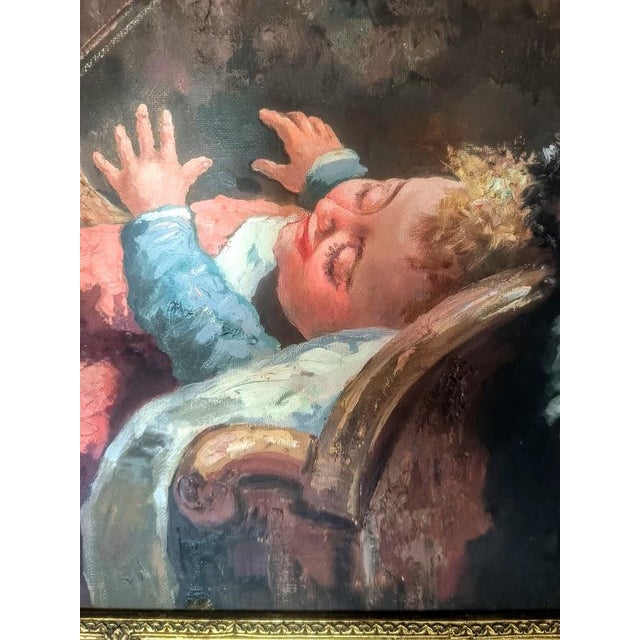 1950s Ceccon, The Violinist, the Granddaughter and the Doll, Oil on Canvas, 1950s, Framed For Sale - Image 5 of 10