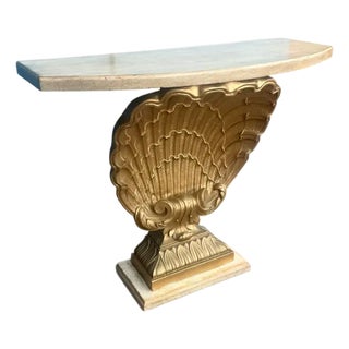 Vintage Hollywood Regency Gilt Scallop Shell Pine & Plaster Console Table For Sale