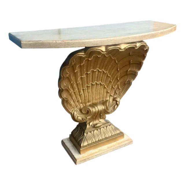 Vintage Hollywood Regency Gilt Scallop Shell Pine & Plaster Console Table For Sale