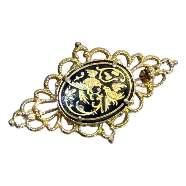 1930s Gold/Black Damascene Brooch For Sale