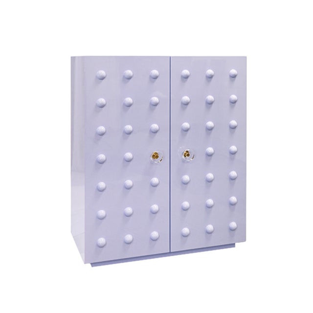 Matthew Izzo Home Beau Glossy Lavender Lacquer Two Door Cabinet With Ball Studs and Acrylic/Brass Knobs For Sale In New York - Image 6 of 6