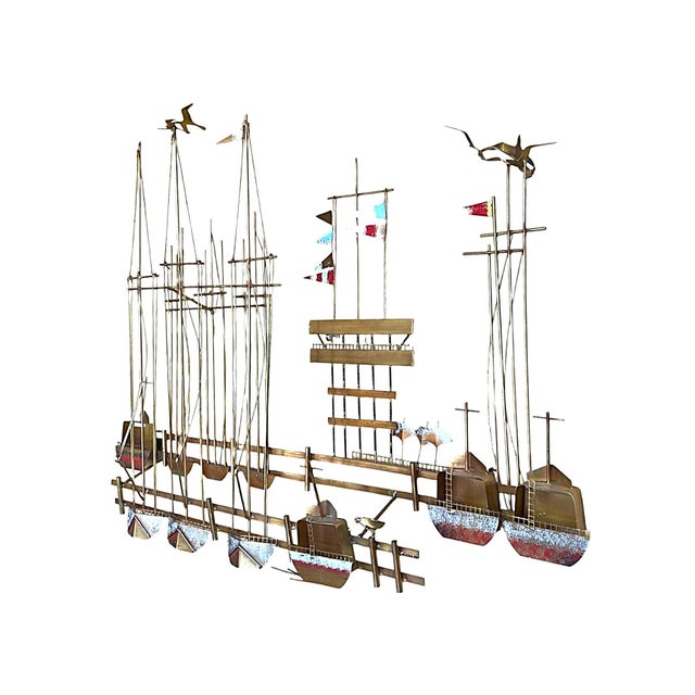 Mid-Century Modern 1980s Curtis Jere Nautical Wall Sculpture – Brass Sailboats & Seagulls Harbor Scene For Sale - Image 3 of 18