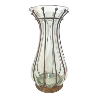 Vintage Crate & Barrel Caged Blown Glass Bubble Vase Metal Base 19" Tall For Sale