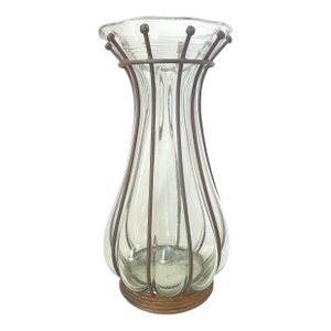 Vintage Crate & Barrel Caged Blown Glass Bubble Vase Metal Base 19" Tall