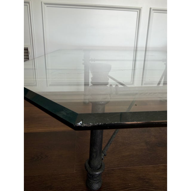 Vintage Postmodern Glass & Faux-Bamboo Iron Table Set | Coffee Table + Matching Side Tables For Sale - Image 6 of 12