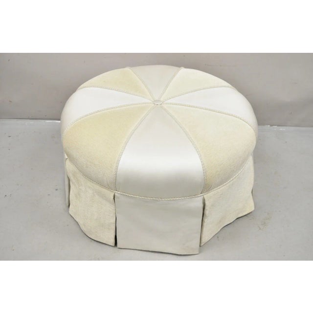 Modern Beige Upholstered Button Tufted Skirted Round Ottoman For Sale - Image 12 of 12