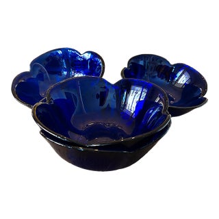 Set of Four Sculptural Italian Cobalt Blue Art Glass Flower Bowls | Mid-Century Modern For Sale