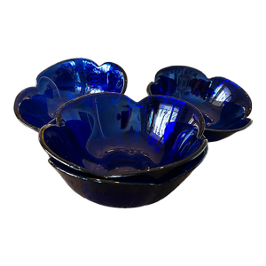 Set of Four Sculptural Italian Cobalt Blue Art Glass Flower Bowls | Mid-Century Modern